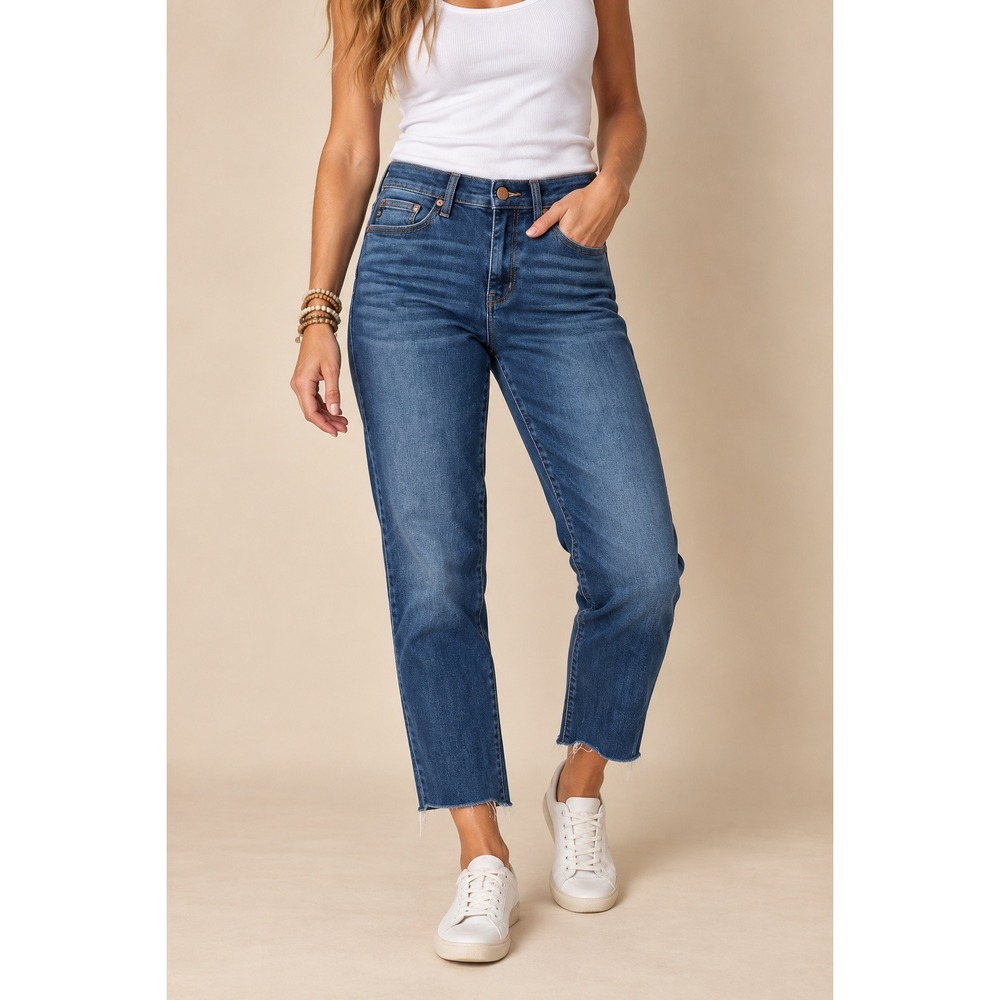 Judy Blue Womens Jeans 5/27 Blue Boyfriend Fit Raw Hem JB82195DK High Rise